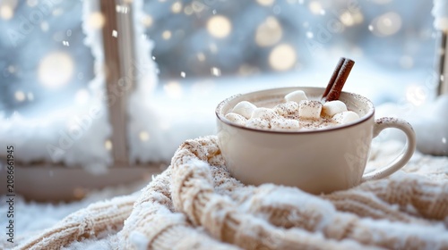 A steaming cup of hot cocoa with marshmallows melting on top, perfect for a cozy winter day power car
