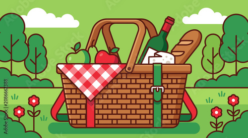 Cuadro en lienzo Picnic basket with food in a park