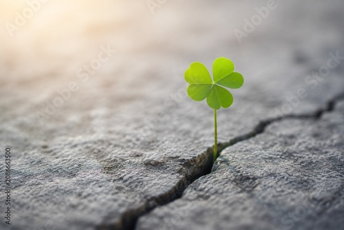 A single green clover growing from a crack in a gray stone.