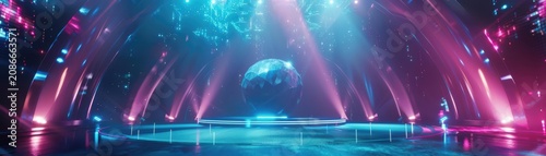 A stunning 3D model of a futuristic concert stage with holographic effects