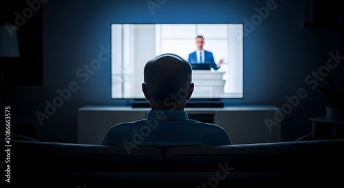 Man Watching Engaging Presentation on Television in Dark Room with Soft Ambient Light from Screen During Evening in Modern Interior Setting