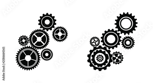 Fotografie Black gear silhouettes arranged in two distinct groupings on a white background