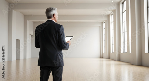Businessman in Suit Holding Tablet and Standing in Bright, Empty Room with Large Windows in Modern Office Setting