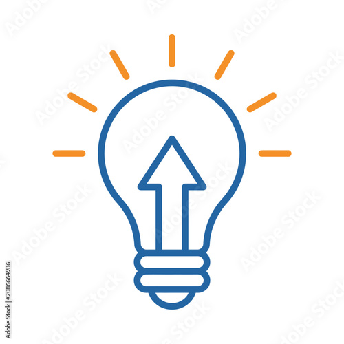 Canvastavla The light bulb icon emits upward arrow surrounded by orange rays on white