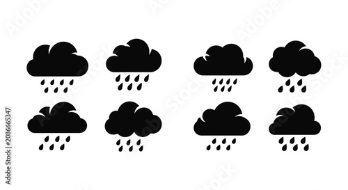 Εκτύπωση καμβά Rain Clouds With Droplets Black Silhouette Icons On White Background