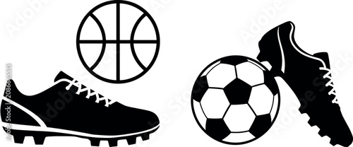 Black sports shoes with basketball and soccer ball icons