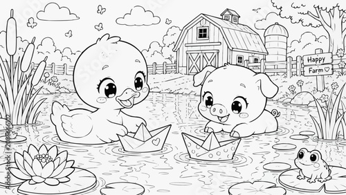 Cute kawaii duckling and piglet sailing paper boats in a pond with a little frog and barn behind, a playful farm scene drawn as clean black and white line art.