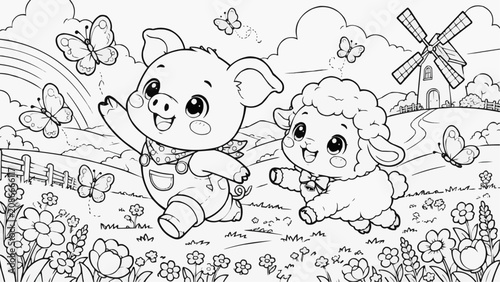 Cute kawaii piglet and lamb running through a flower field with butterflies, a rainbow and windmill behind them, a joyful scene drawn as black and white line art.
