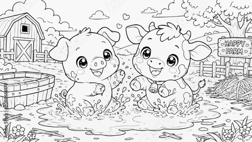 Cute kawaii piglet and baby cow splashing together in a mud puddle in front of a happy farm barn, a playful farmyard scene drawn as black and white line art.