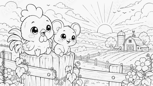 Adorable kawaii hen and little hamster sitting on a wooden fence at sunrise with a barn and fields behind them, a morning scene drawn as black and white line art.