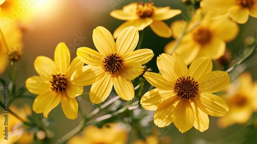 Beautiful background with golden august flowers during early morning, morning sunrise, abstract feel image, nature summertime, selective focus
