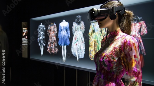 Woman experiences immersive fashion exhibition with virtual reality headset.