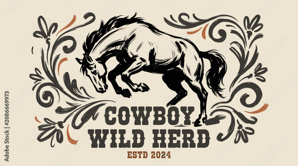 Obraz premium Retro style cowboy country. Western vintage artwork. T shirt horse design.. Cowboy wild herd print