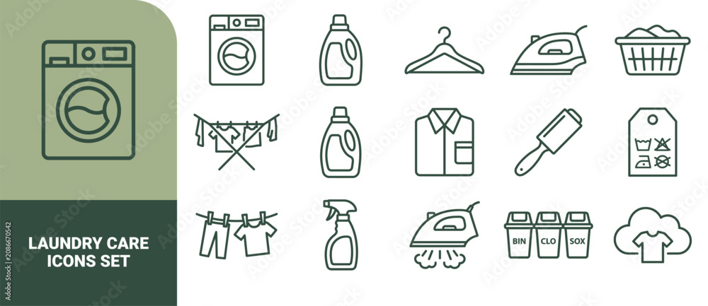 Fototapeta premium Set of 15 outline laundry care symbols featuring washing machine, detergent, clothes hanger, iron, basket, and garment care tags