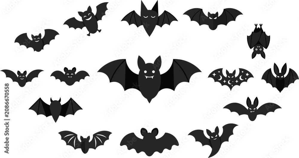 Fototapeta premium Happy Halloween Black bat silhouettes flying Vector