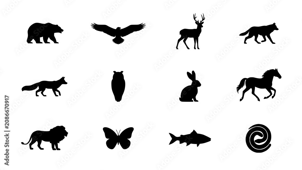 Obraz premium Animal Silhouettes Grid Illustration with Diverse Wildlife Icons, Including Bear, Bat, Deer, Dog, Rabbit, Fish, and Butterfly