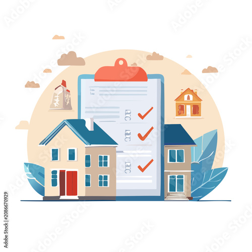 Real Estate Checklist with Houses and Clipboard