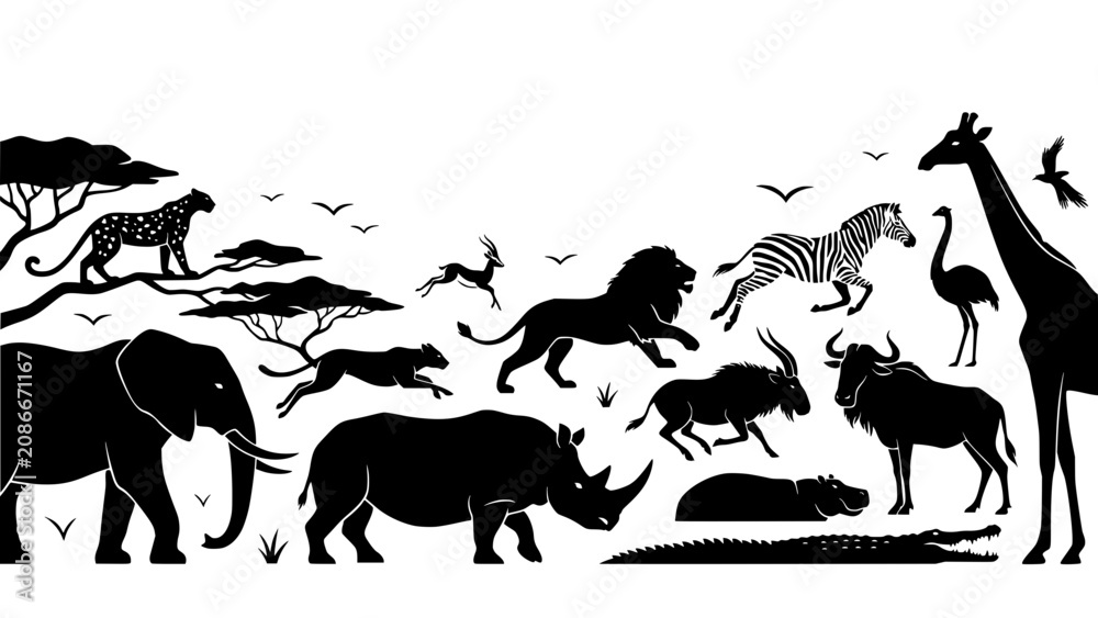 Fototapeta premium Animals Silhouette Vector Illustration with Intricate Dense Patterns and Diverse Creatures in Black Against White Background