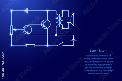 basic electrical diagram from radio components from blue lines and glowing stars