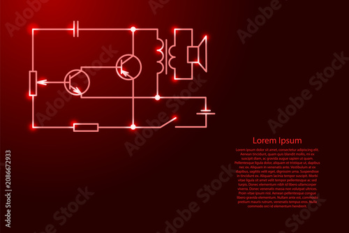 basic electrical diagram from radio components from red lines and glowing stars