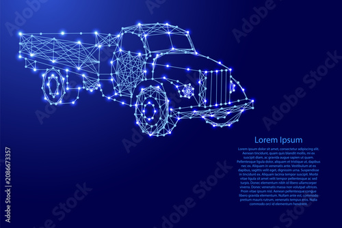 old flatbed truck from futuristic polygonal blue lines and glowing stars for banner, poster, greeting card
