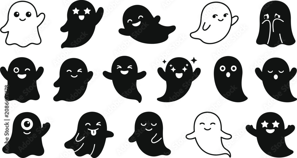 Fototapeta premium Happy Halloween Set of cute black and white ghost characters Vector