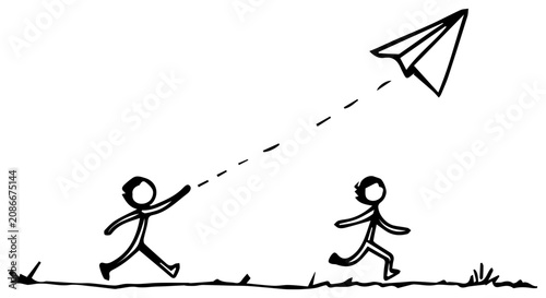 Two stick figures running with paper airplane with grass one throwing black line minimalist recreation childhood activity cartoon outdoor with leisure