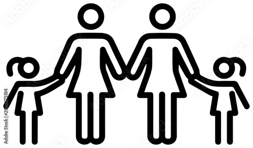 Minimalist black line icon of a same sex family with two children with family unit consisting children holding hands depicts simple black two adults two