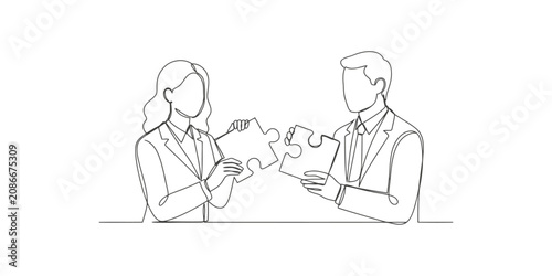 Business man and woman connecting jigsaw puzzle pieces in a continuous line drawing style