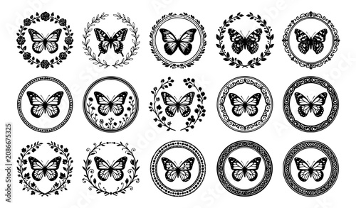 Tableau sur toile Round Frame Butterfly Silhouette Collection Decorative Vector Set