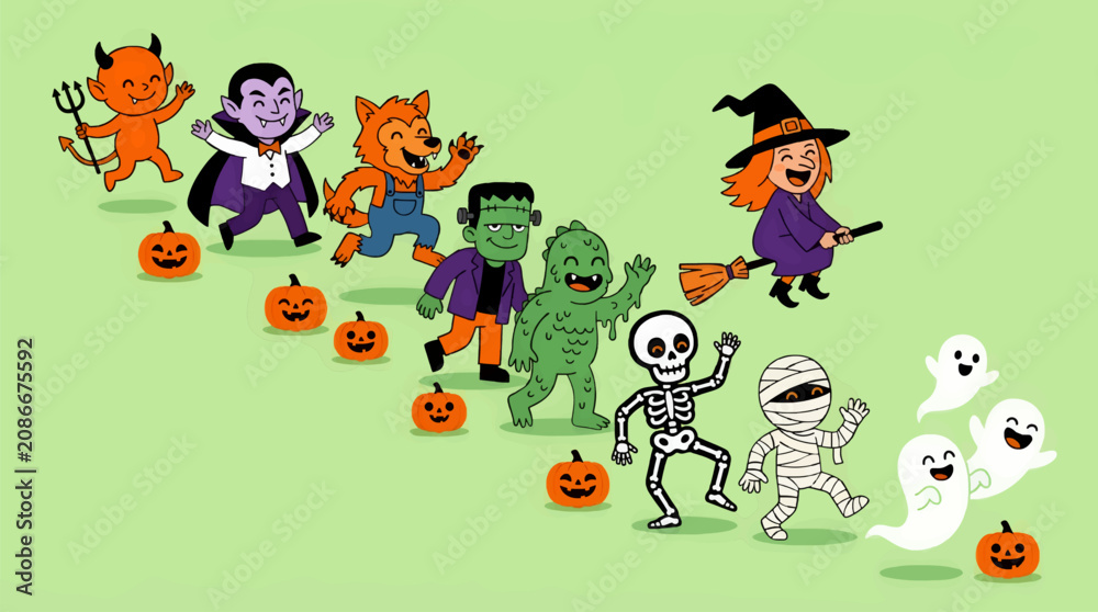 Naklejka premium Playful Halloween Characters Procession with Pumpkins, Flat Cartoon Style, Featuring Devil, Vampire, Werewolf, Frankenstein, Monster, Witch, Skeleton, Mummy, and Ghosts on Light Green Background