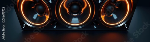 A sleek, modern 3D rendering of a car subwoofer, with powerful, visually impactful design and deep, bassenhancing audio technology Banner for vehicle audio customization