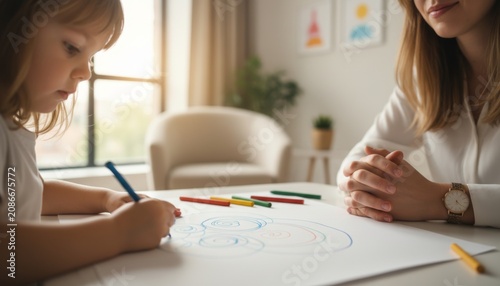 Girl drawing with colorful pencil while woman psychologist observes during therapy session. Child mental health evaluation and development assessment in bright cozy office environment.