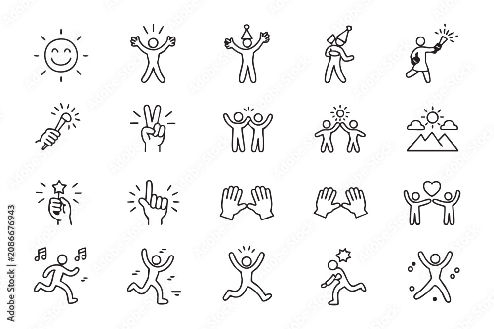 Obraz premium Positive Lifestyle Symbols with Smile Victory Applause Love and Music Icons
