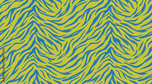 Blue and yellow tiger stripe pattern for contemporary pop art fashion textile design.
