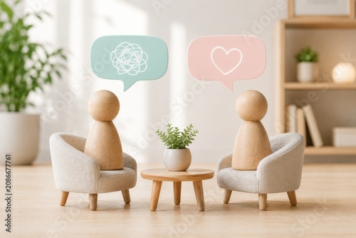 Two wooden figurines sitting in armchairs having counseling session with thought bubbles shown.