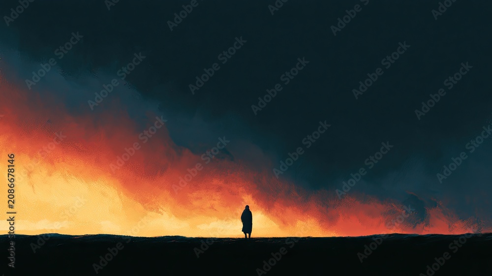 Fototapeta premium Atmospheric Illustration of Holy Spirit Fire with Silhouette Beneath Radiant Cloud, Uplifting Christian Background