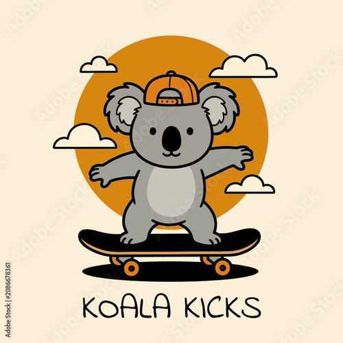 Photography Koala wearing a hat on skateboard.