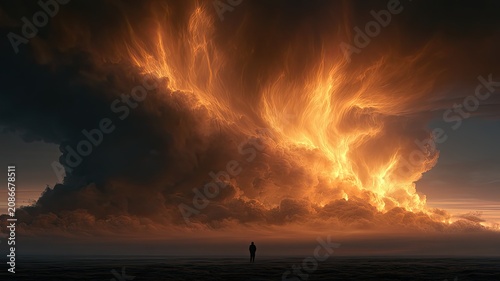 Holy Spirit Fire Illuminating Dramatic Clouds Above Solitary Figure, Uplifting Christian Atmospheric Background