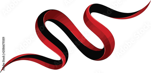 Stylized ribbon in black and red twisting and turning in abstract motion, vector art.