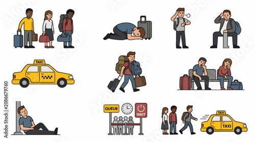 Fotografía Flat Vector Icon Sheet of Travel Frustrations: Waiting, Tiredness, and Taxi Hass