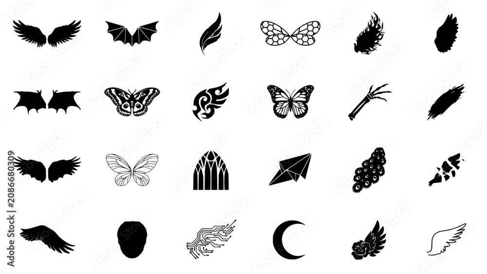 Fototapeta premium Wing Icons Set with 24 Distinct Black and White Bird and Feather Designs for Vector Graphics and Patterns