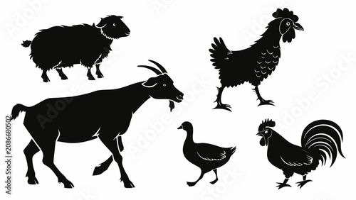 Fotografía Silhouette Farm Animals Vector Pack Featuring Sheep, Goat, Chicken, Duck, and Ro