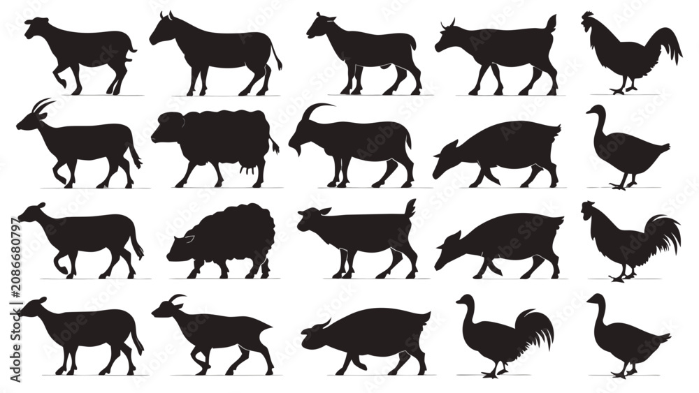 Obraz premium Silhouette Collection of Farm Animals and Poultry in Minimalist Black Style