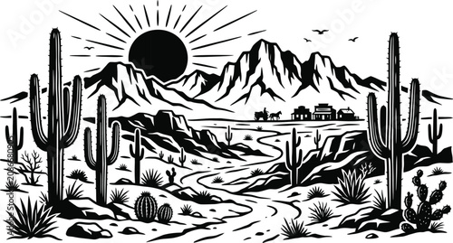 Vintage desert landscape with old town buildings and horse carriage silhouette vector graphic.
