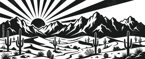 Panoramic desert landscape silhouette with sunburst and mountain range vector graphic.