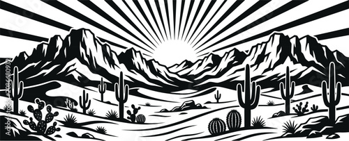 Desert landscape with sunburst rays and majestic mountains in black and white vector art.