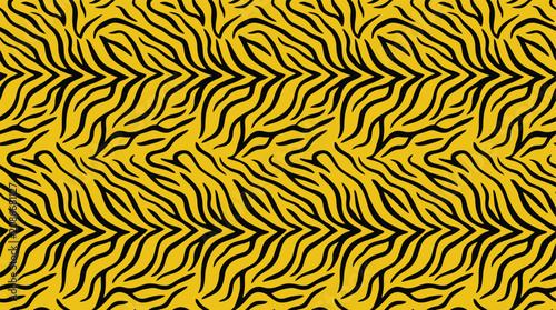 Seamless vector tiger skin pattern with black stripes on yellow background for textile design.