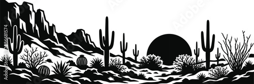 Panoramic desert wilderness silhouette with saguaro and prickly pear cacti mountains.
