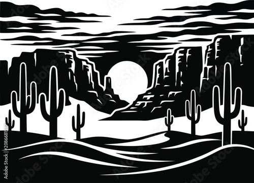 Desert landscape with saguaro cacti and rocky cliffs under cloudy sky silhouette.